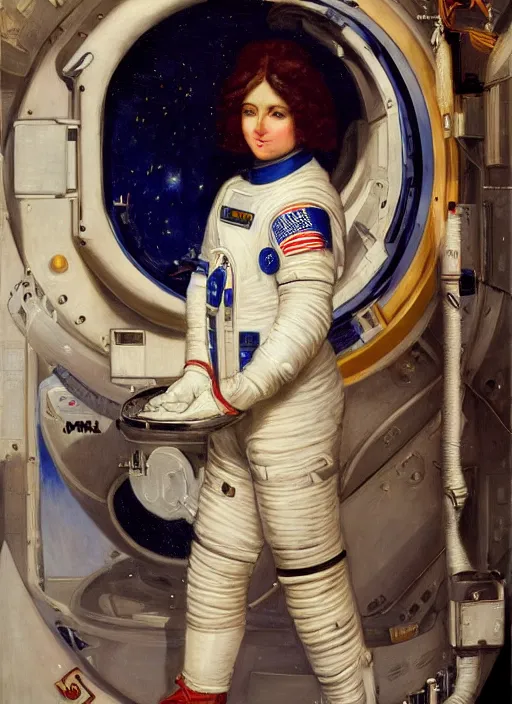 Image similar to Beautiful NASA astronaut in space, portrait by john william waterhouse and Edwin Longsden Long and Theodore Ralli, oil on canvas. Cinematic, hyper realism, realistic proportions, dramatic lighting, high detail 4k
