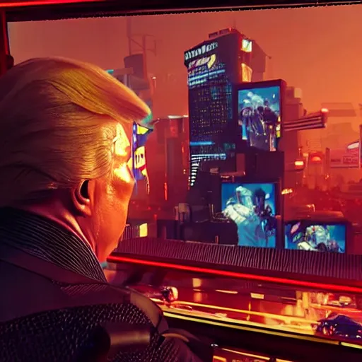 Image similar to donald trump in cyberpunk 2 0 7 7 as an evil corporation leader, technological, movie footage, high - tech, still frame