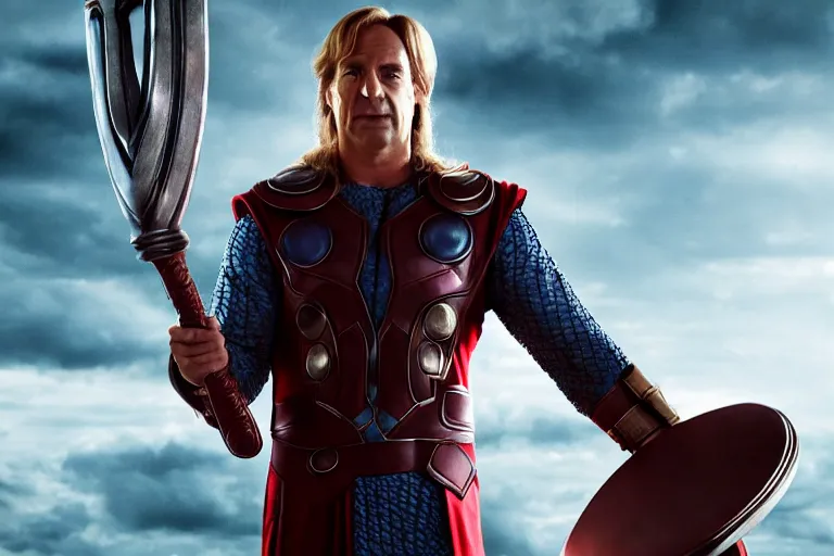 Prompt: saul goodman wearing thor's outfit holding mjolnir., cinematic, dramatic, color grading, photojournalism, highly detailed