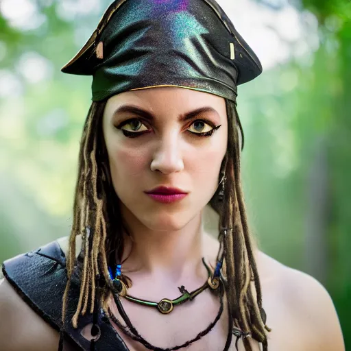 Image similar to a Swashbuckling pirate female with iridescent skin, bokeh, 8k