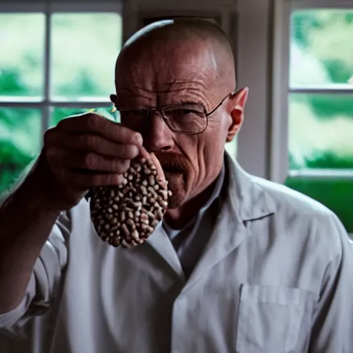 Image similar to walter white eating black beans, photography,