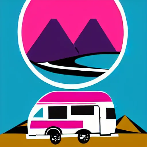 Prompt: stylized stencil graphic of a white and black cute thor chateau! motorhome camper!!, mountains, colorful sunset!!, stencil by tom whalen