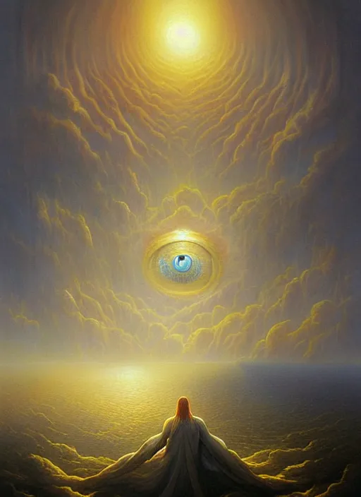 Prompt: a painting of a giant eye in the sky, surrealism, visionary art, fractals, matte painting, by christophe vacher