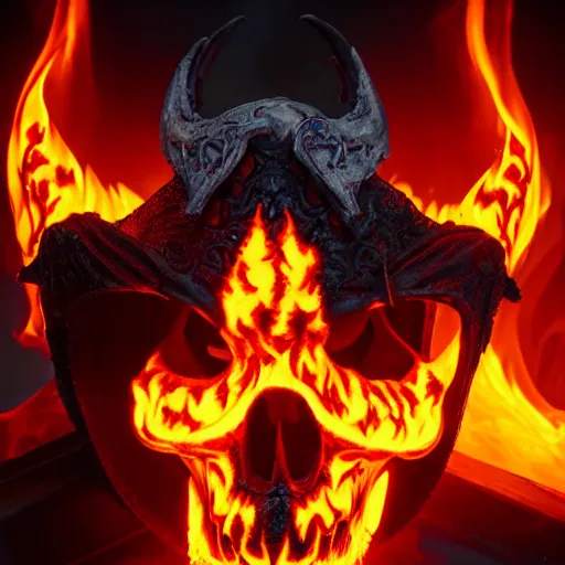 Image similar to ragnaros the firelord wielding burning skull as a mask full body 8 k