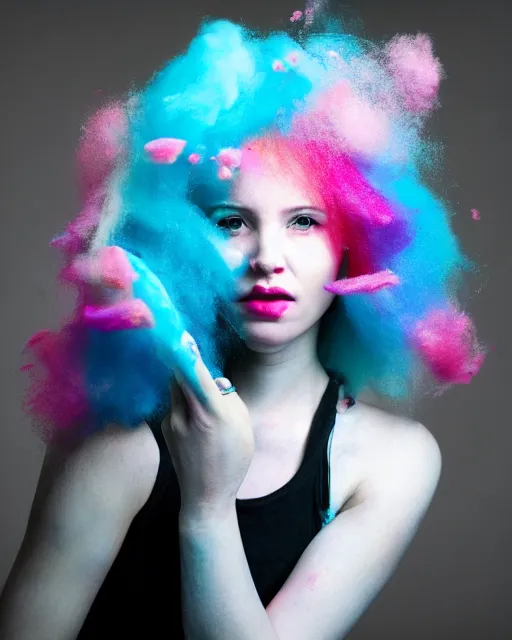 Prompt: a dramatic lighting photo of a beautiful young woman with cotton candy hair. paint splashes. with a little bit of cyan, red, yellow, pink