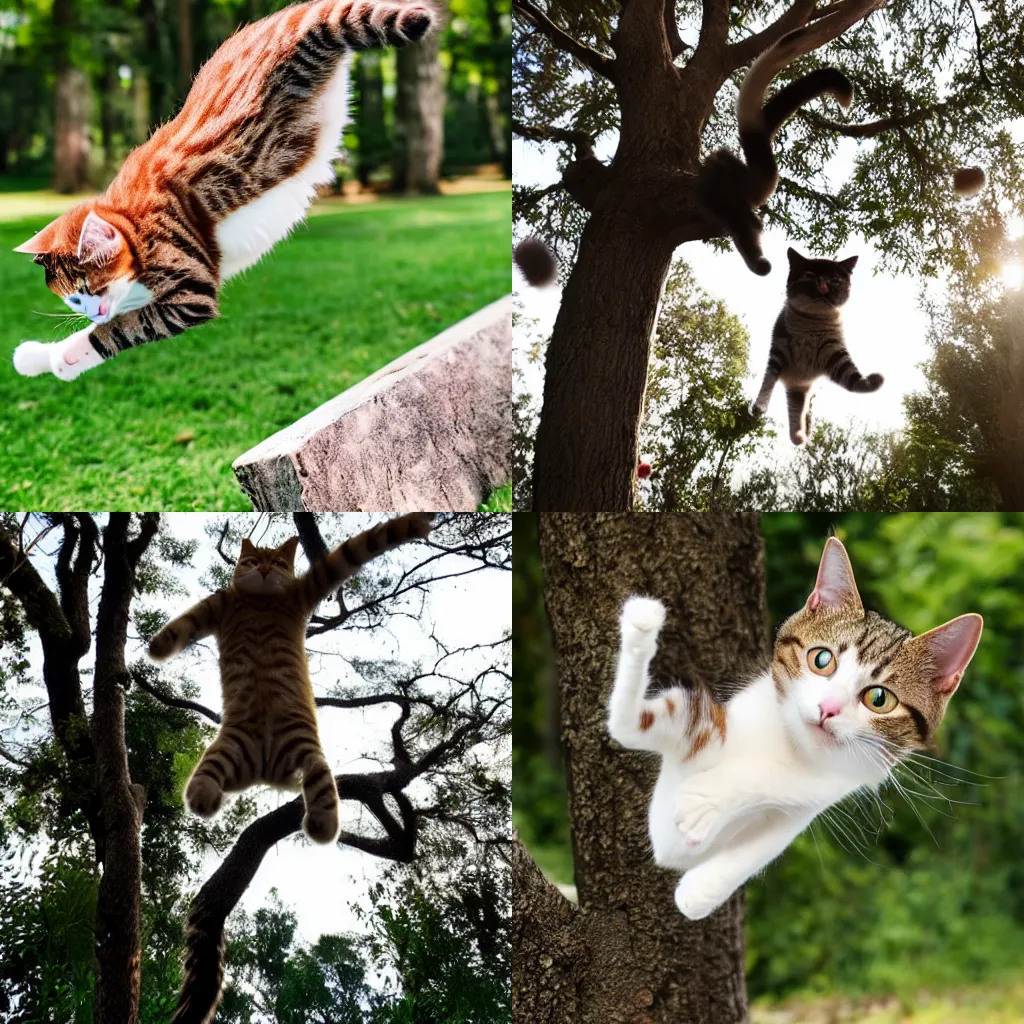 Prompt: cat midair jumping down from tree
