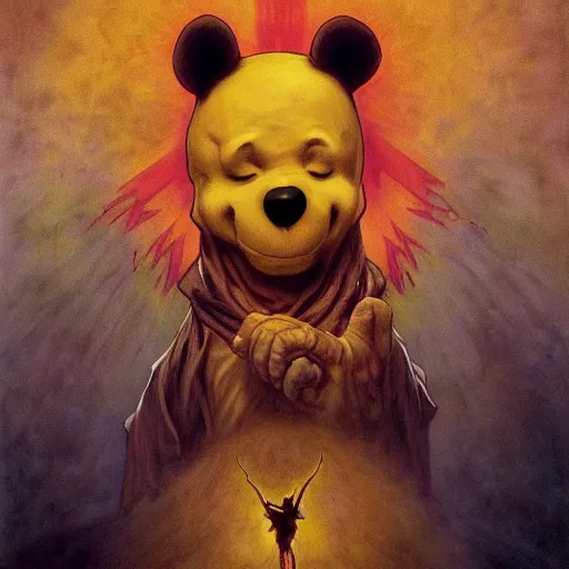 Prompt: A Satanic Evil Winnie The Pooh, psychedelic art, demonic, fullbody, artstation, dark fantasy, concept art, horror, evil, smooth, sharp focus, illustration, art by greg rutkowski and orientalism and bouguereau and Zdzislaw Beksinski, good clear quality, lighting, biology, symmetrical artwork, perfect face, 135 mm, cinematic, hyper realism, high detail, octane render, 8k, chrome accents