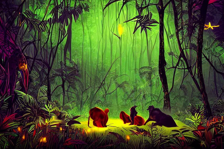 Image similar to high contrast digital art of a surreal dark jungle, mysterious crazy world, talking creatures, night, fireflies, surreal colors