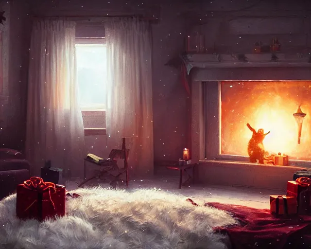 Image similar to a christmas eve photorealistic painting, cozy home, interior, sci - fi, wlop, concept art, octane render, deviantart, greg rutkowski, cinematic, key art, hyperrealism