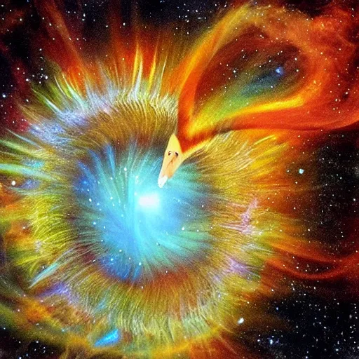 Prompt: swan flying through a supernova