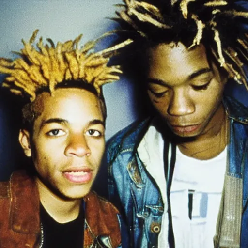 Image similar to photo of basquiat and kurt cobain in basquiat ’ s studio, photorealistic,