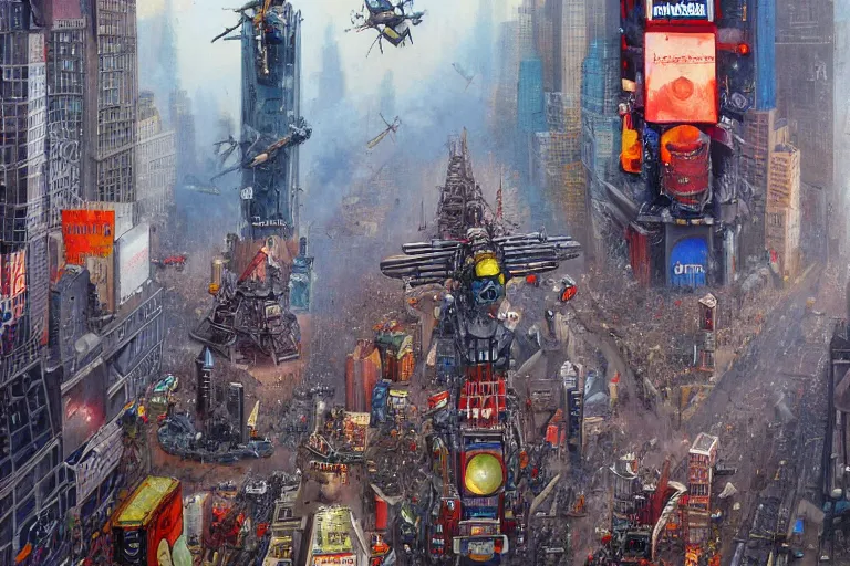 Prompt: 1 9 5 0's robots attacking times square highly detailed, us air force vintage planes firing guns explosions people running for dear life, atmosphere by peter mohrbacher and igor morski, very detailed, 2 4 mm lens, deep depth of field, artstation, 8 k