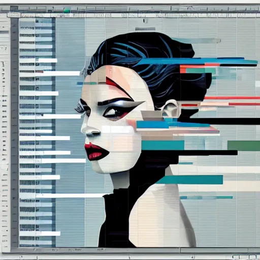 Image similar to beautiful elegant woman seen in profile, from the side, haloed by an explosion of microsoft excel chart lines and graphs by sandra chevrier, rik oostenbroek, simple contrasted color, white background