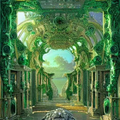 Image similar to a detailed oil painting by michael whelan and donato giancola of an intricate, ornate palace made of green, polished semiprecious malachite marble and jade, hyper detailed, hd, artstation, beautiful sunrise lighting, surrounded by trees