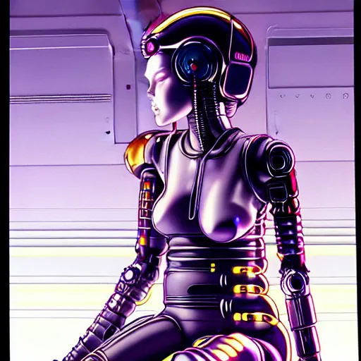 Image similar to a detailed airbrush cyberpunk illustration of a female android seated on the floor in a tech labor, seen from the side with her body open showing cables and wires coming out, by masamune shirow, hajime sorayama, boris vallejo and katsuhiro otomo, japan, 1980s, dark, colorful