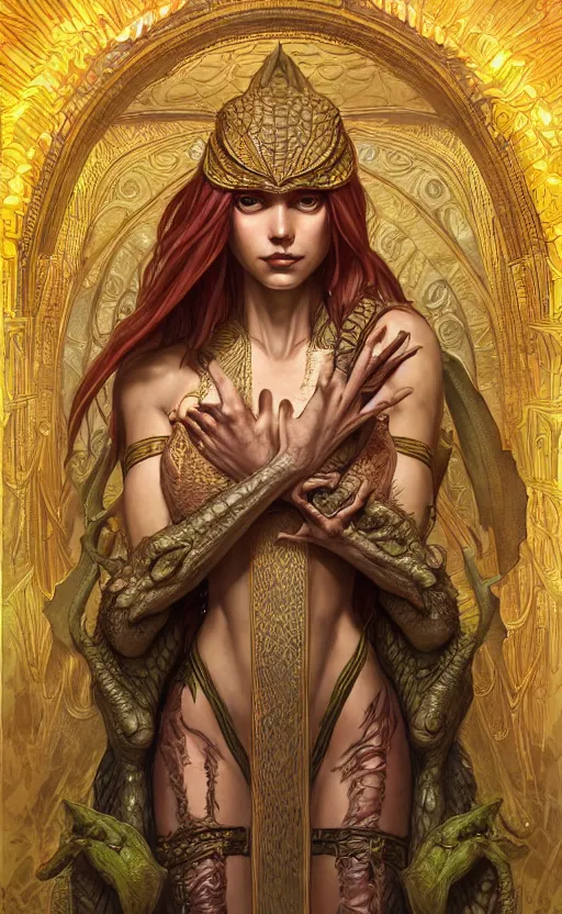 Image similar to crocodile godess in temple portal, reptilian skin, d & d, fantasy, intricate, elegant, highly detailed, digital painting, artstation, concept art, matte, sharp focus, illustration, art by artgerm and greg rutkowski and alphonse mucha