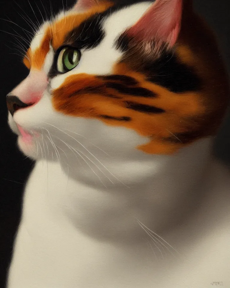 Prompt: close up portrait of one calico cat by vermeer. black background, three - point lighting, enchanting, realistic features, realistic proportions, centered, trending on artstation.