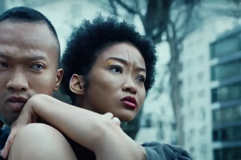 Image similar to movie powerful mutant heroes interracial couple closeup, DC Marvel fashion, Asian, black, Russian, VFX powers at night in the city, city street, beautiful skin, natural lighting by Emmanuel Lubezki