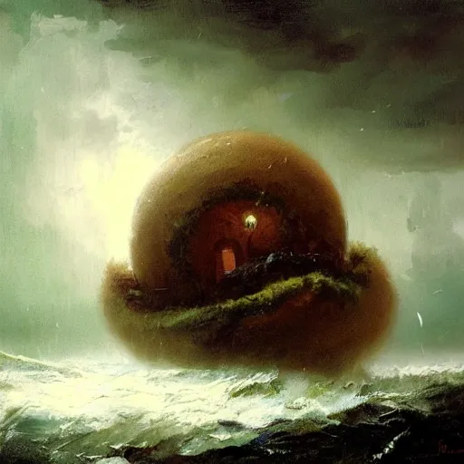 Image similar to floating island caught in a hurricane, oil painting, by greg rutkowski