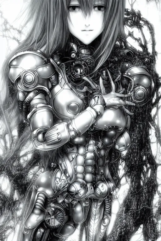 Image similar to a vertical portrait of a character in a scenic environment by Yoshitaka Amano, black and white, dreamy, cybernetic armor, wavy long black hair, highly detailed