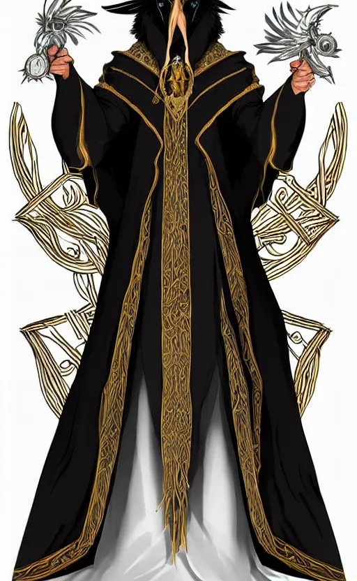 Image similar to raven headed male warlock doing wind magic, white and gold robes, exquisite details, full body character design on a white background, by studio muti