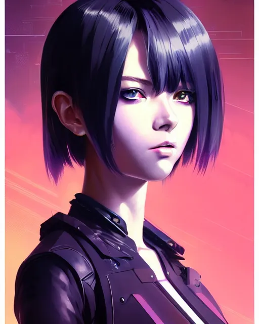 Image similar to a comic potrait of a cyberpunk cyborg girl with big and cute eyes, fine - face, realistic shaded perfect face, fine details. night setting. very anime style. realistic shaded lighting poster by ilya kuvshinov katsuhiro, magali villeneuve, artgerm, jeremy lipkin and michael garmash, rob rey and kentaro miura style, trending on art station