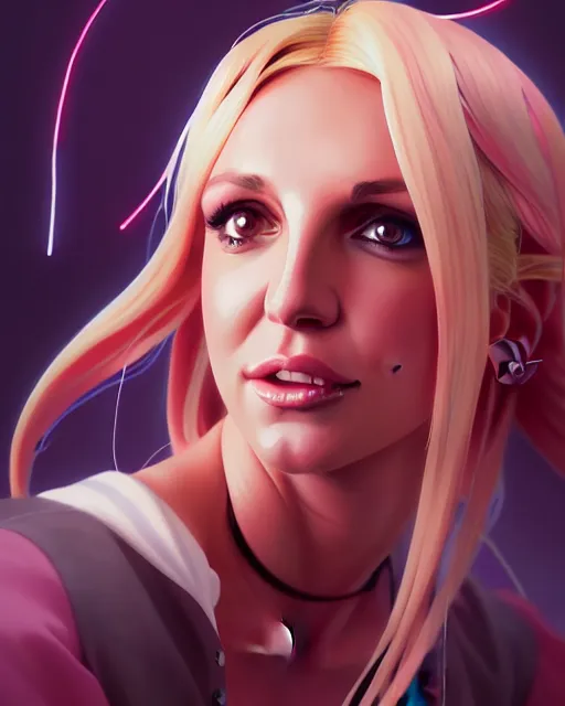 Image similar to highly detailed portrait of britney spears as an anime character, stephen bliss, unreal engine, greg rutkowski, loish, rhads, beeple, makoto shinkai and lois van baarle, ilya kuvshinov, rossdraws, tom bagshaw, alphonse mucha, global illumination, detailed and intricate environment