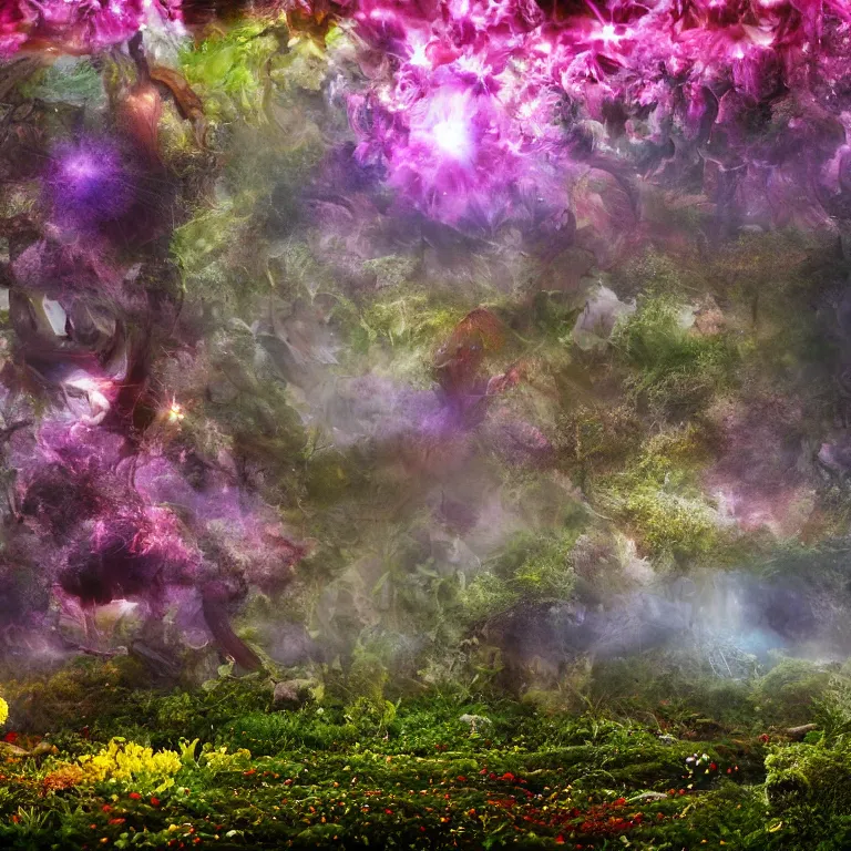 Image similar to a planet of various fungus, mushrooms, flowers and plants, inside the picture is infinity, Atmospheric, artistic photography, conceptual, long exposure outside the city, volumetric light