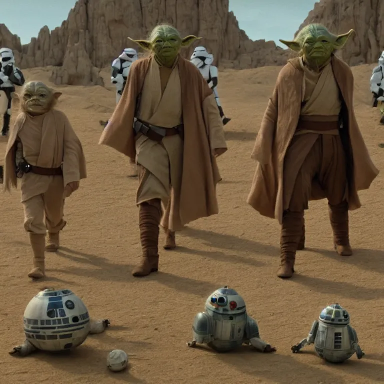 Image similar to film still from a star wars movie made by wes anderson, yoda and luke skywalker, in the style of wes anderson