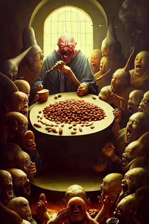 Image similar to hieronymus bosch, greg rutkowski, anna podedworna, painting of a man eating beans in a movie theatre and everyone is laughing at them