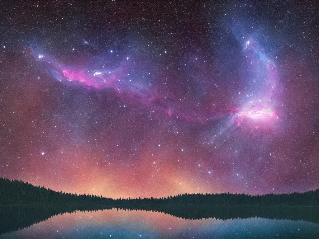 Image similar to nebula above a clear blue lake in the middle of an evergreen forest