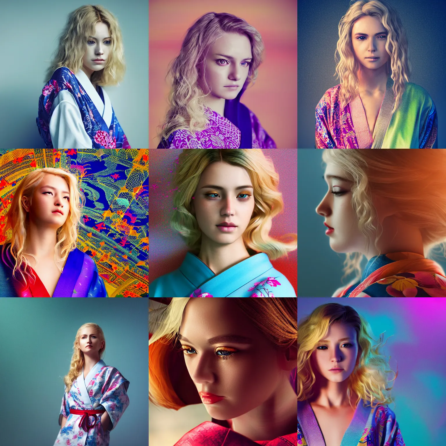 Prompt: stunning, breathtaking, awe - inspiring award - winning portrait of an attractive young white woman with wavy blonde hair, wearing a colorful yukata, extremely moody lighting, intricate, 8 k, octane render