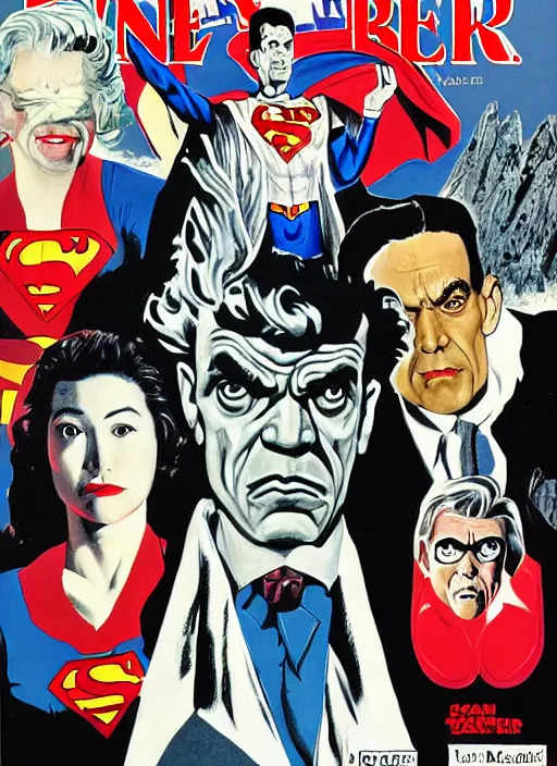 Prompt: Twin Peaks art, of Boris Karloff as Superman, Sam Weber, Laurent Durieux, Katherine Lam from scene from Twin Peaks, from scene from Twin Peaks, clean, New Yorker magazine cover