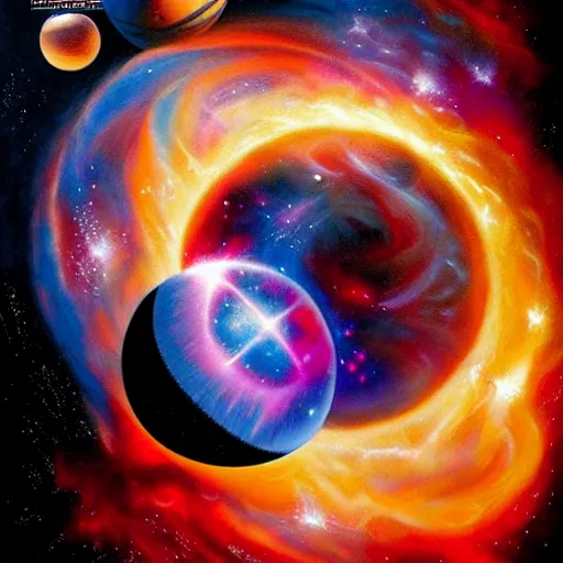 Image similar to cosmic basketball player dunking a basketball hoop in a nebula, an oil painting, by ( leonardo da vinci ) and greg rutkowski and rafal olbinski and ross tran, award - winning magazine cover