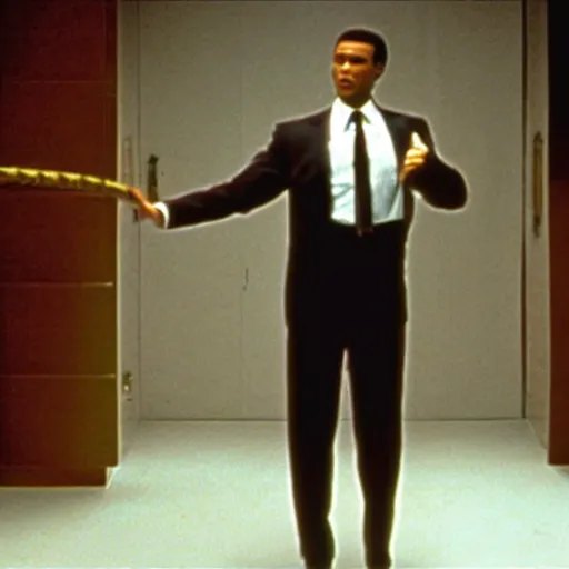 Prompt: Mohamed Ali showing his white card in American Psycho (1999)