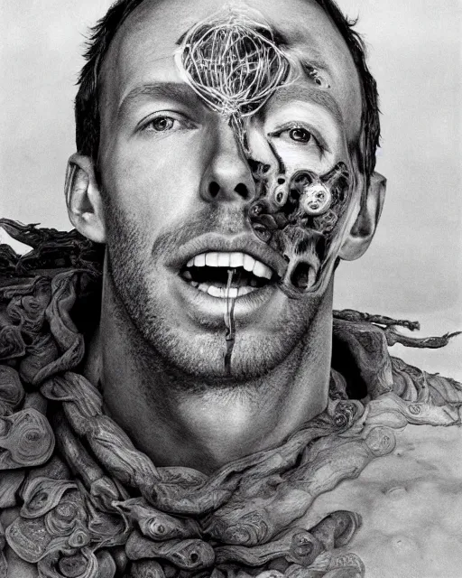 Image similar to a portrait of coldplay chris martin, from the terrifying and incomprehensible beyond, body horror, by gerard brom, zdzisław beksinski and ansel adams