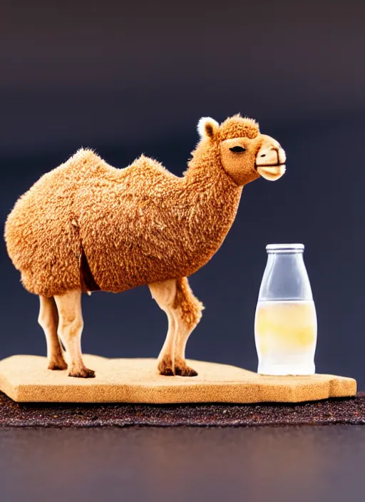 Image similar to 80mm resin detailed miniature of fluffy camel in desert, coca cola in camel head, in background there is fir, Product Introduction Photos, 4K, Full body, simple background