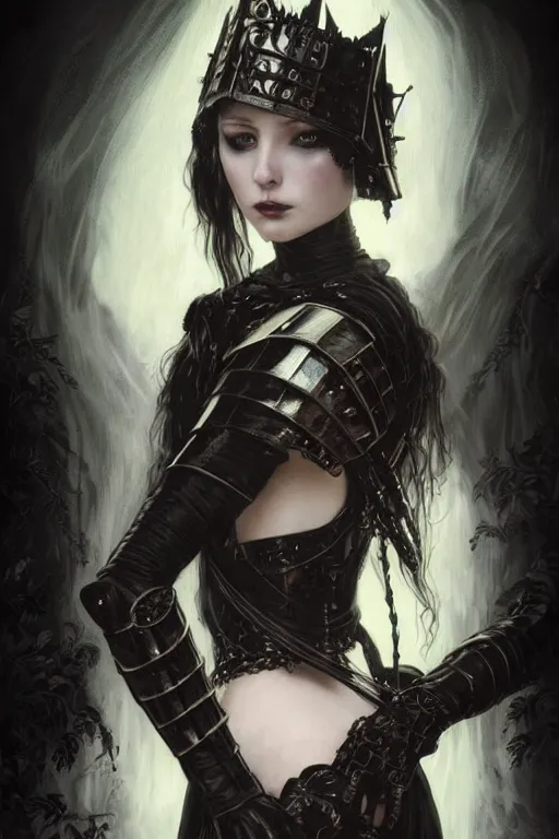 Prompt: beautiful gothic and victorian and luxury and evil young female medieval black armor knight portrait+smoky eyes+front face with light flowing hair, ultradetail face, art and illustration by tian zi and craig mullins and WLOP and alphonse mucha, ssci-fi, fantasy, intricate complexity, human structure, hypermaximalist, fantasy character concept, dynamic lighting, neon light, watermark, blurry, hyperrealism 8k