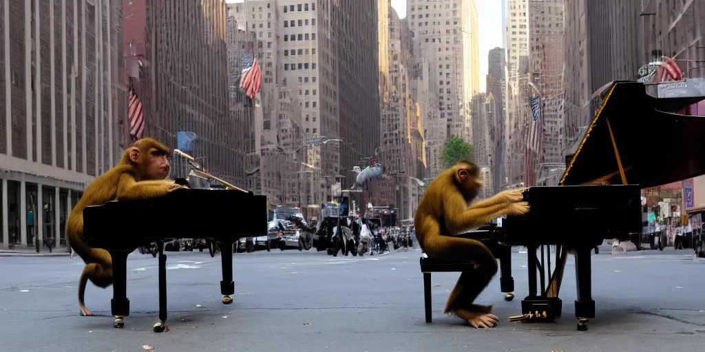 Image similar to a super high-resolution photo of a monkey playing the piano in the busy New York street