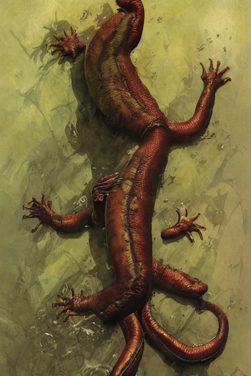 Prompt: full body portrait of huge slimy bipedal salamander, by norman rockwell, jack kirby, jon berkey, earle bergey, craig mullins, ruan jia, jeremy mann, tom lovell, marvel, astounding stories, 5 0 s pulp illustration, scifi, fantasy, artstation creature concept