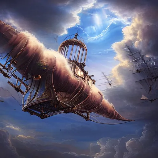 Prompt: a steampunk airship flying over a magical dark landscape, antique, ornate, beautiful clouds, translucent, illuminated from behind, adventurous, matte painting