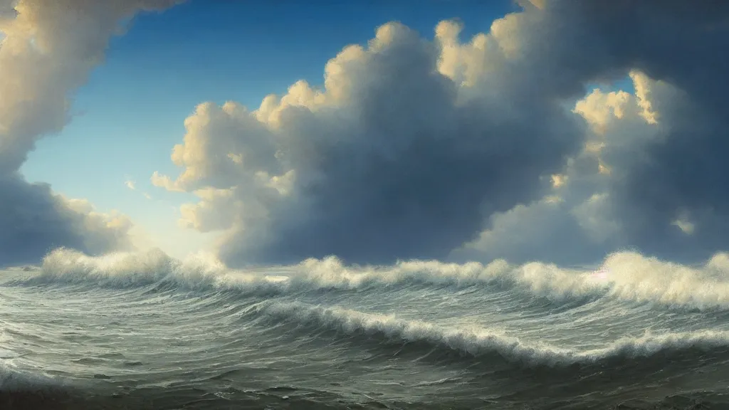 Image similar to first person view of breaking waves on the shore, summer, sunshine through the clouds, sea breeze rises in the air, by andreas rocha and john howe, and Martin Johnson Heade, featured on artstation, featured on behance, golden ratio, ultrawide angle, f32, well composed