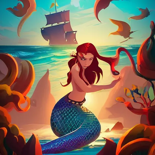 Image similar to painting mermaid treasure on sea of thieves game avatar hero smooth face median photoshop filter cutout vector, behance hd by jesper ejsing, by rhads, makoto shinkai and lois van baarle, ilya kuvshinov, rossdraws global illumination