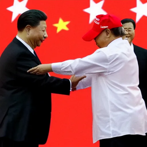 Prompt: trump hugging xi jinping on stage in front of crowd