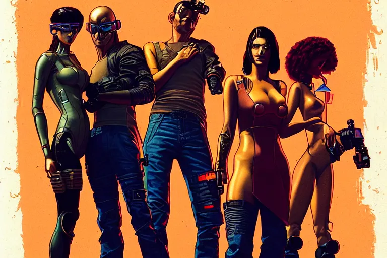 Image similar to cyberpunk heist crew. portrait by stonehouse and mœbius and will eisner and gil elvgren and pixar. character design. realistic proportions. dystopian. cyberpunk 2 0 7 7 character art, blade runner 2 0 4 9 concept art. cel shading. attractive face. thick lines. the team. detailed interesting characters.