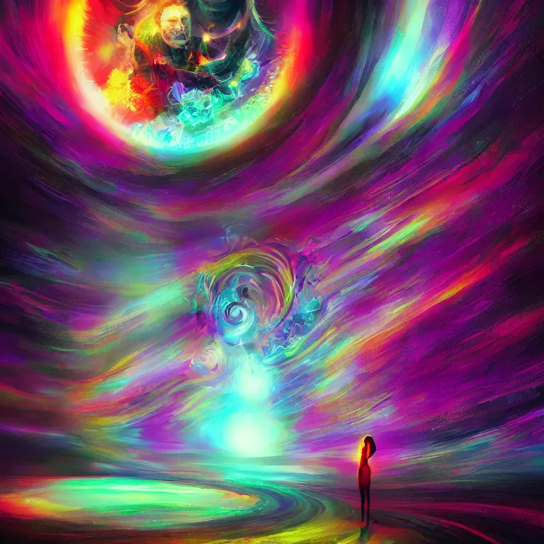 Prompt: person in the distance psychedelic disco that cant escape vortex black hole award winning digital art by anato finnstark