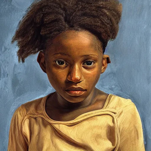 Image similar to high quality high detail painting by lucian freud, hd, portrait of a black girl, photorealistic lighting