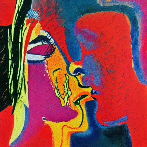 Image similar to beautiful painting of two bizarre psychedelic women kissing each other closeup in japan 1 9 7 0, speculative evolution, mixed media collage by basquiat and alex grey, magazine collage art, sapphic art, lesbian art