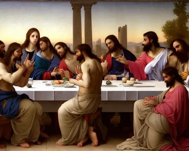 Prompt: beautiful glorious realistic oil painting of the last supper, baroque style by bouguereau, sunset, highly detailed and photorealistic, 8 k hdr intricate