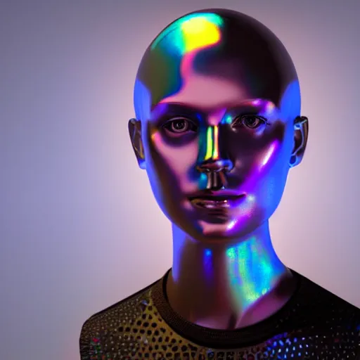 Image similar to 3d render of holographic human robotic head made of glossy iridescent, surrealistic 3d illustration of a human face non-binary, non binary model, 3d model human, cryengine, made of holographic texture, holographic material, holographic rainbow, concept of cyborg and artificial intelligence